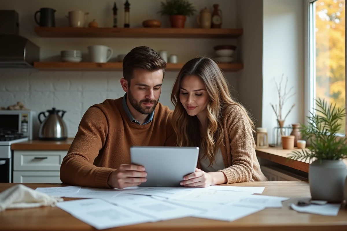 Couple regardant des robes de mariage sur une tablette à la maison