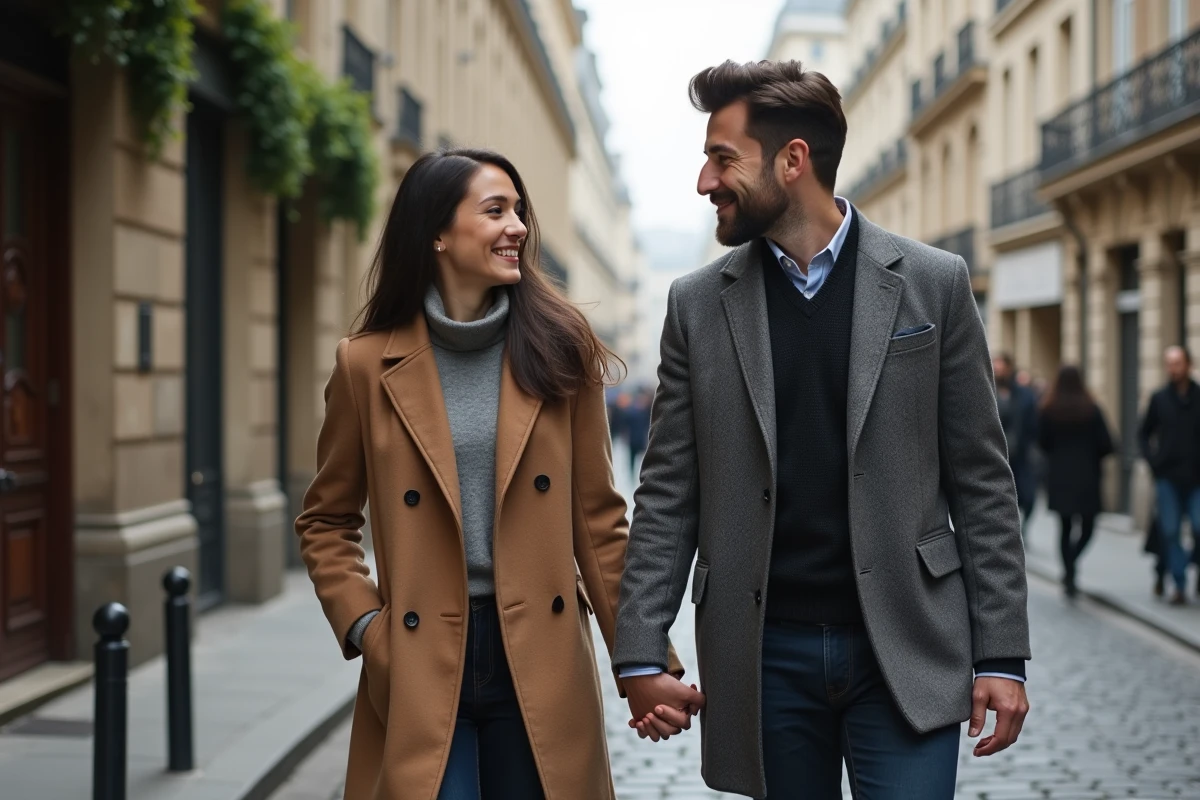 Couple marchant main dans la main dans une rue parisienne