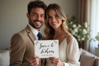 Jeune couple souriant avec carte Save the Date