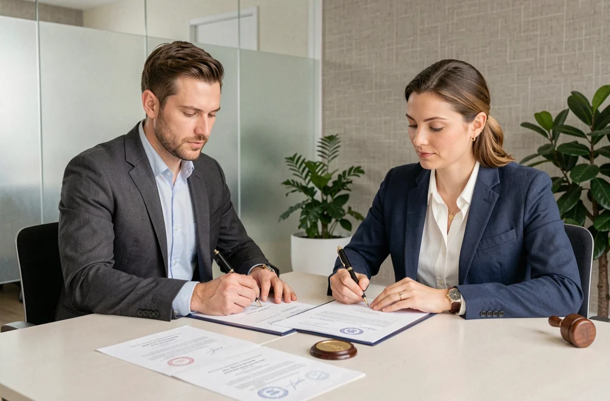 Couple signant leur contrat de mariage sur des documents notariés dans un cabinet notarial moderne et lumineux