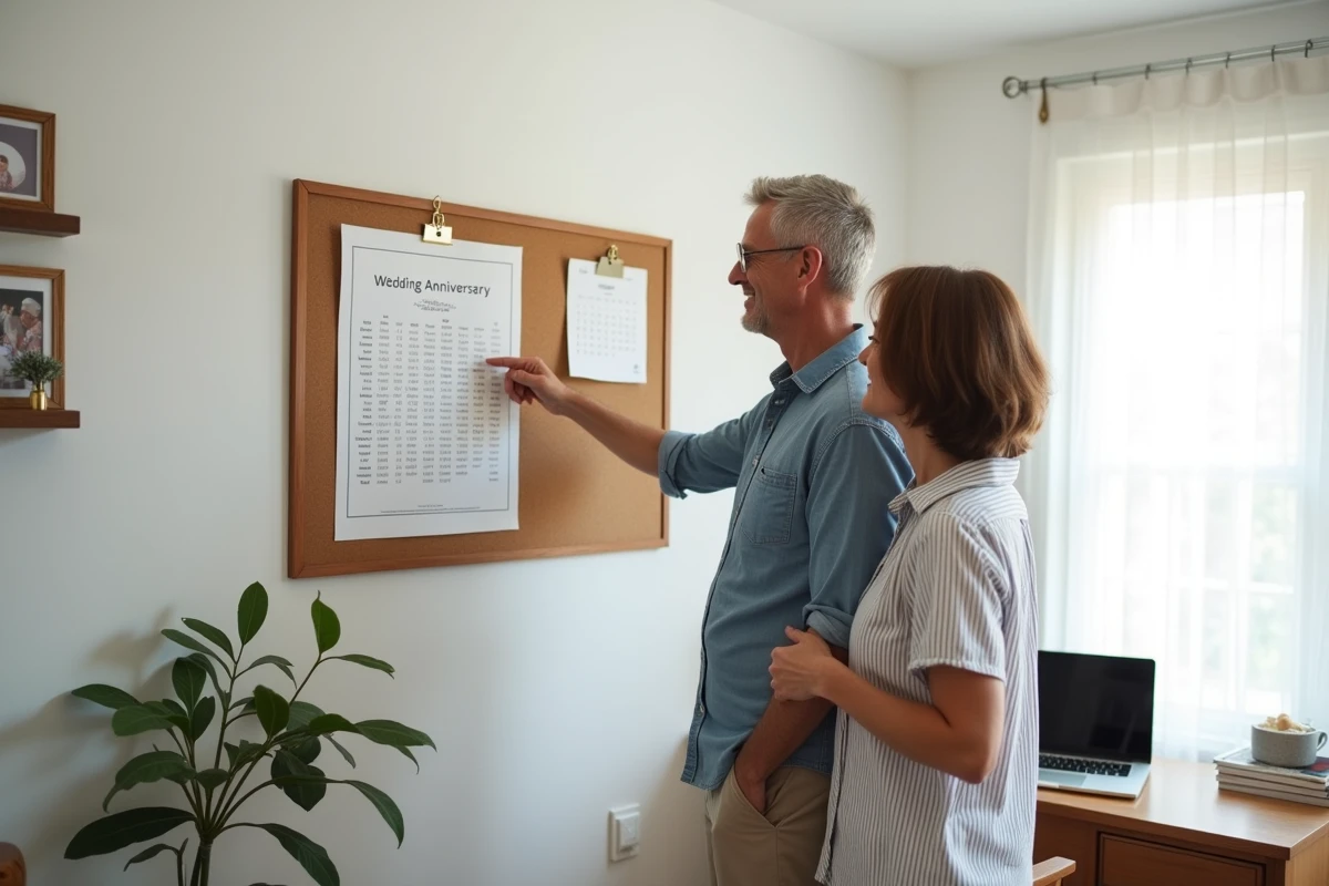 Couple regardant un tableau des noces de mariage affiché sur un tableau de liège dans un bureau à domicile