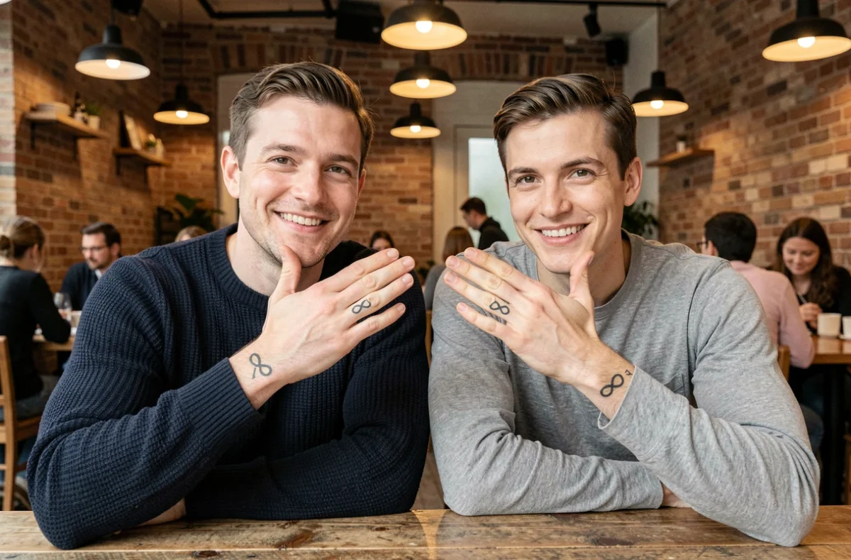 Couple montrant leurs tatouages alliance infini assortis dans un café chaleureux, photo documentaire réaliste