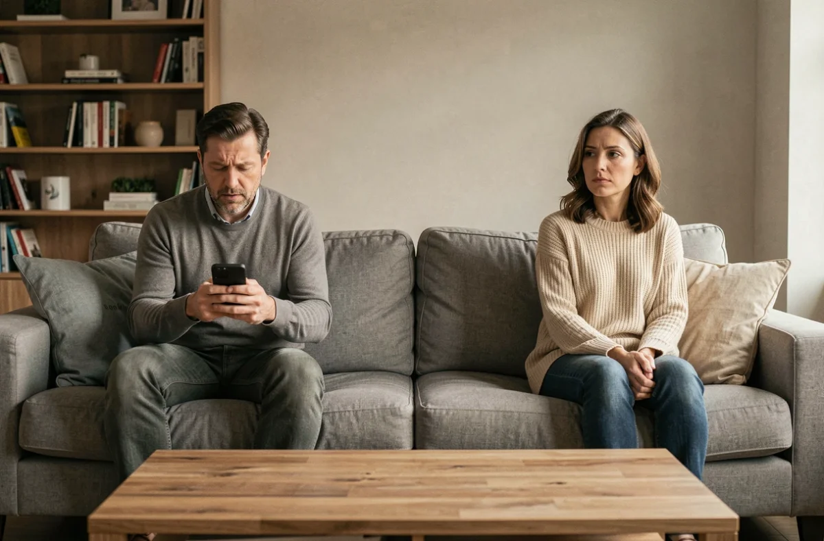 Couple en silence sur un canapé avec une distance émotionnelle visible, représentant les tensions conjugales liées à une attirance extérieure et à la manipulation affective