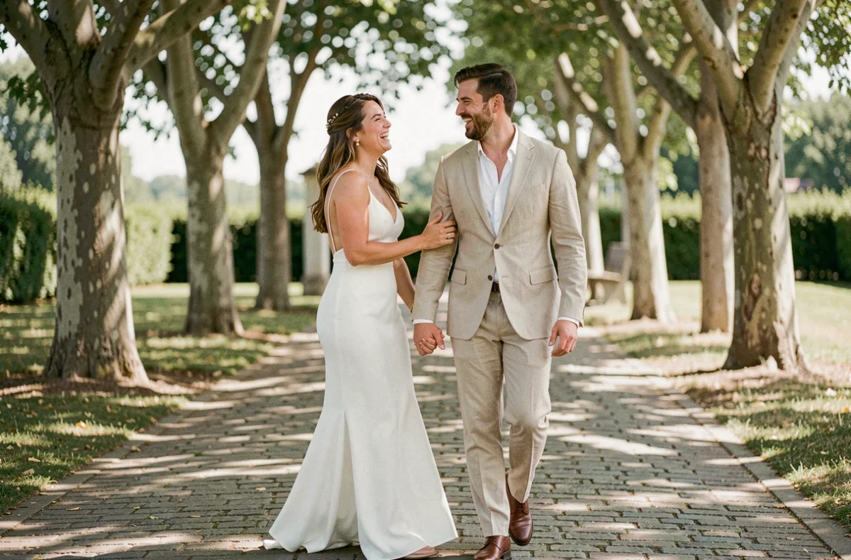 Couple élégant en tenue estivale légère pour un mariage civil dans un jardin public