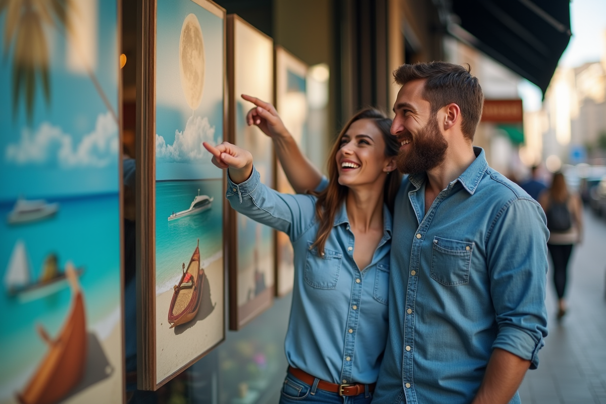 Jeune couple riant devant une agence de voyage en ville