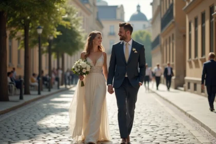 Couple élégant dans une ville européenne pour un mariage