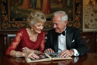 Couple d'âge moyen regardant un album photo vintage