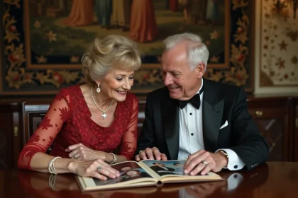 Couple d'âge moyen regardant un album photo vintage