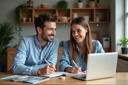 Couple souriant à la maison en préparant un voyage