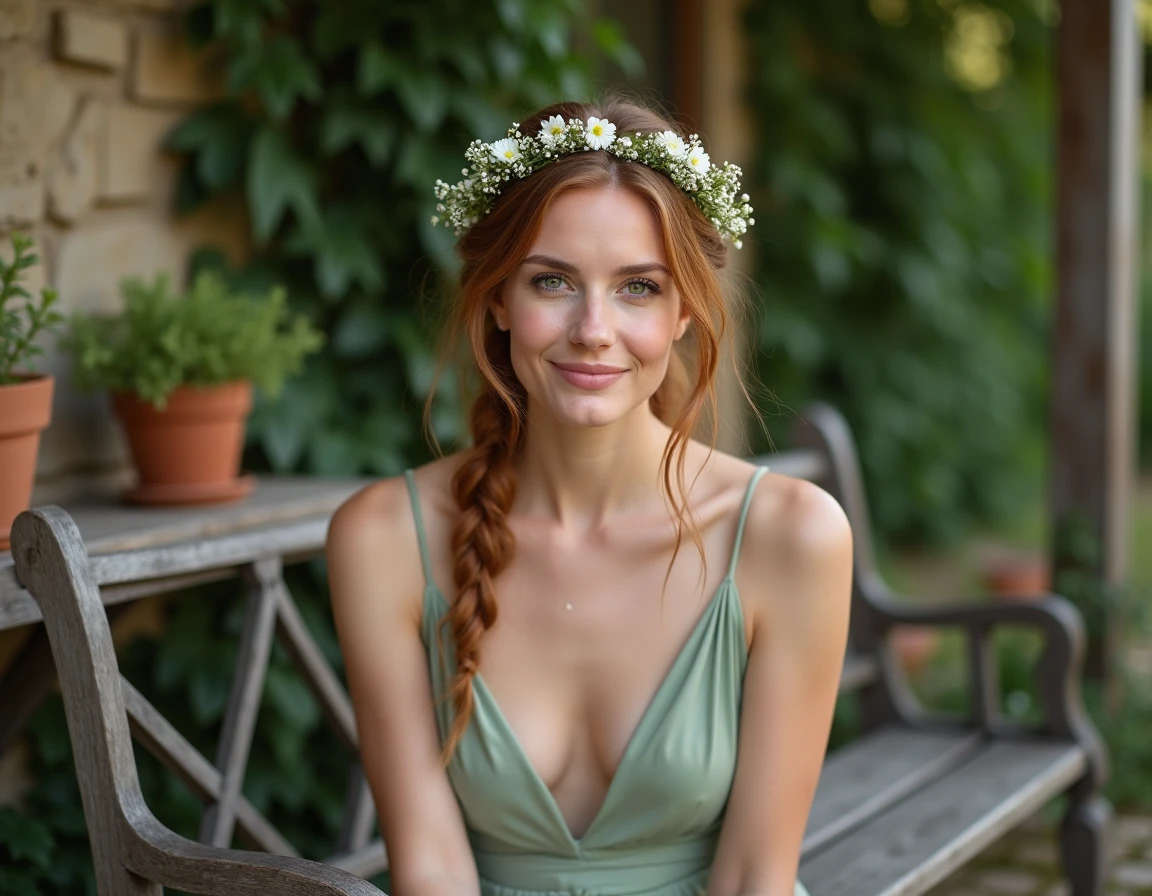 Couronne de tresses bohèmes ornée de fleurs fraîches sur une femme en robe verte dans un jardin rustique en pierre