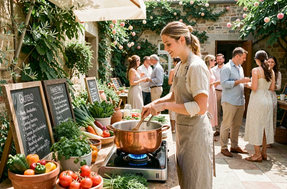 Chef cuisinant en plein air dans une cour ensoleillée lors d'un événement de mariage festif