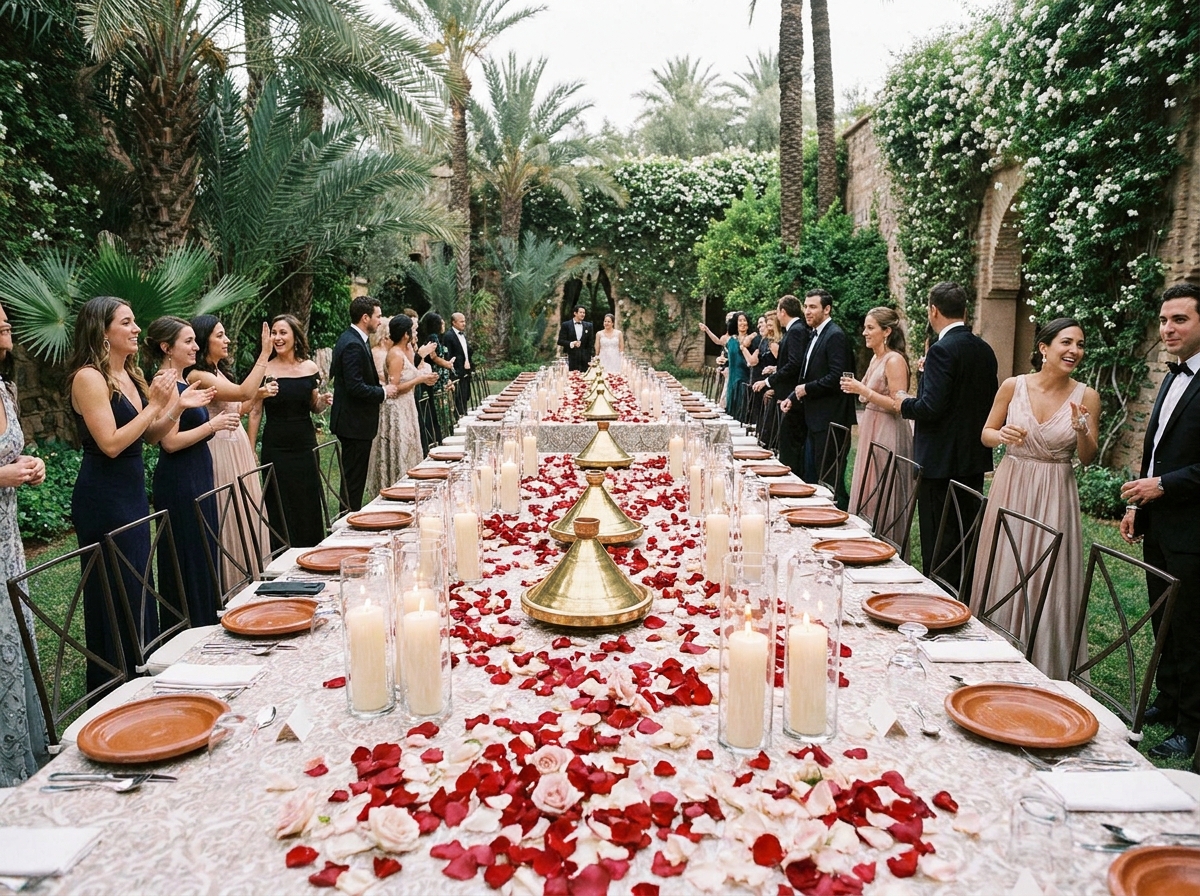 Vue aérienne d'une table de mariage marocaine décorée de pétales de roses et de lanternes à Marrakech