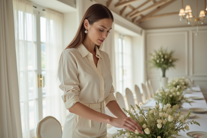 Femme décoratrice de mariage arrangeant des fleurs