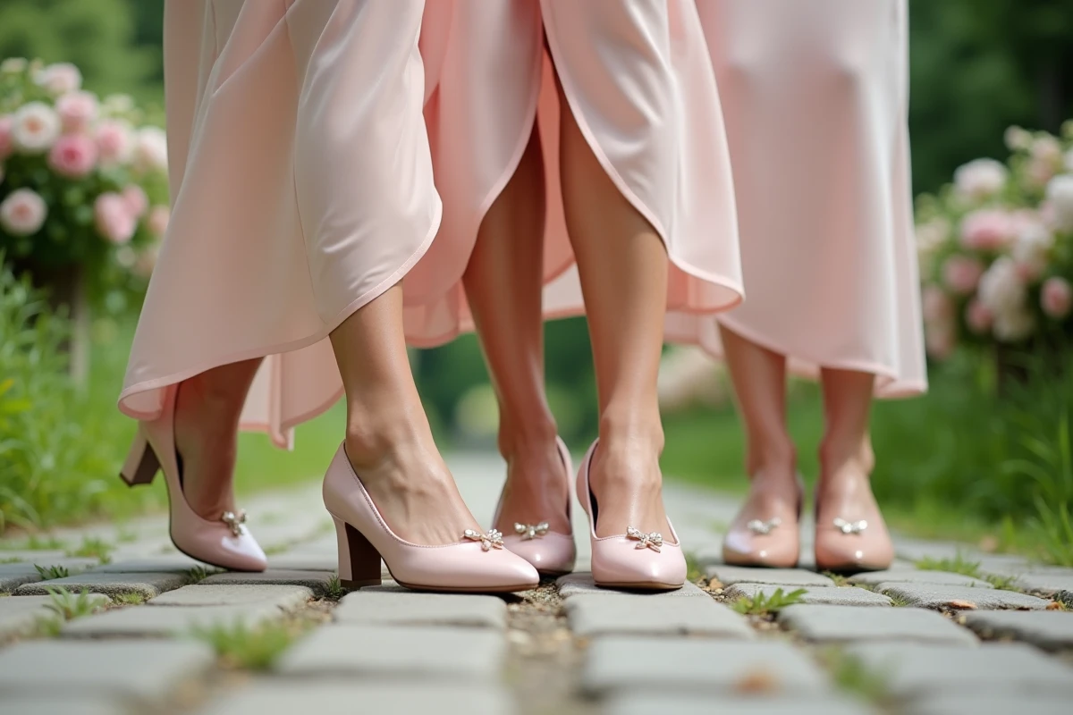 Amies souriantes admirant les chaussures de la mariée en extérieur