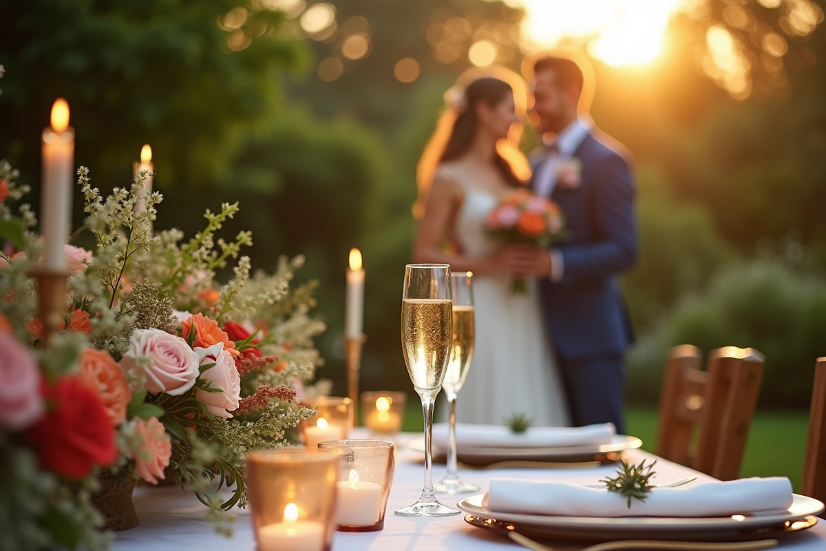 Dîner en plein air dans un jardin avec bougies et couple marié