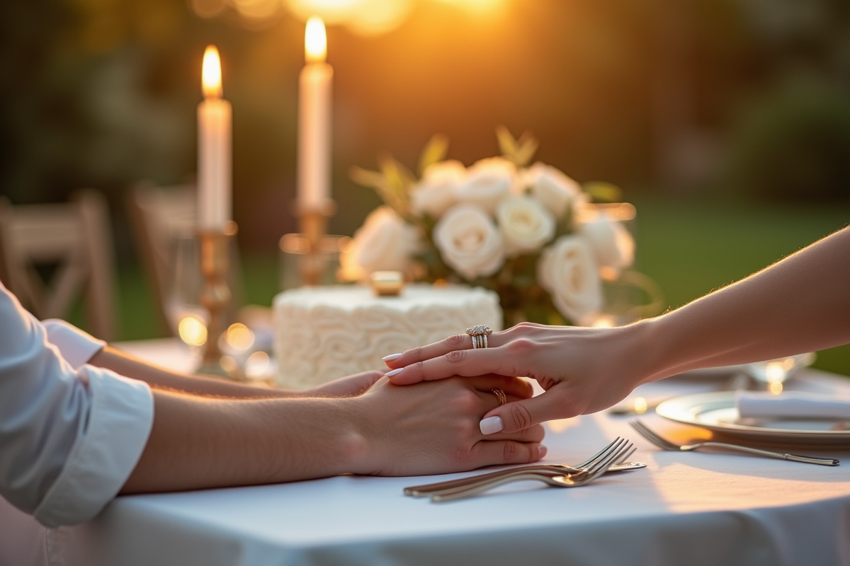 Dîner en plein air dans un jardin avec gâteau et mains avec alliances