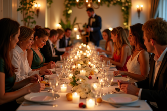 Dîner de mariage élégant avec tables décorées et musiciens