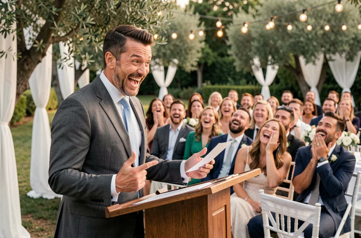 Témoin de mariage faisant un discours hilarant devant les invités lors d'une réception en plein air