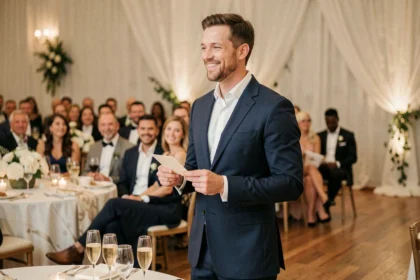 Témoin de mariage qui prononce son discours lors de la soirée de réception, souriant face aux invités dans une salle élégante décorée de fleurs blanches