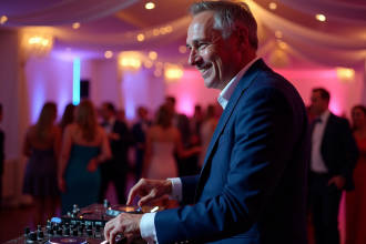 DJ en costume navy lors d’un mariage avec invités dansants