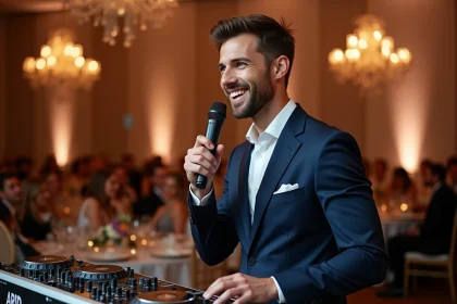 DJ homme en costume navy lors d'un mariage élégant