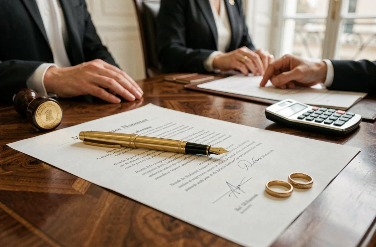 Gros plan sur un contrat de mariage notarié avec stylo plume, cachet officiel et alliances posés sur un bureau en bois
