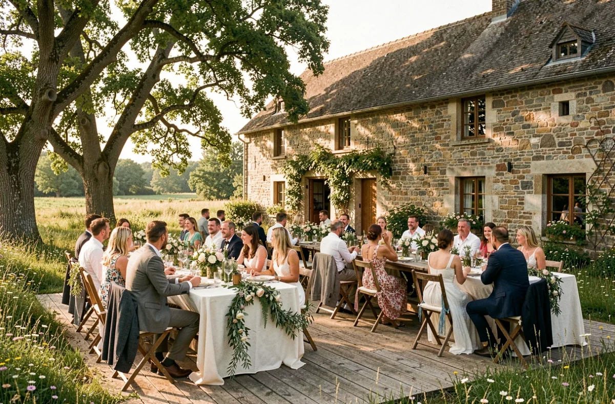 Réception champêtre au Domaine de la Filée à Gorges avec tablées en terrasse, ferme en pierre et prairie fleurie en arrière-plan