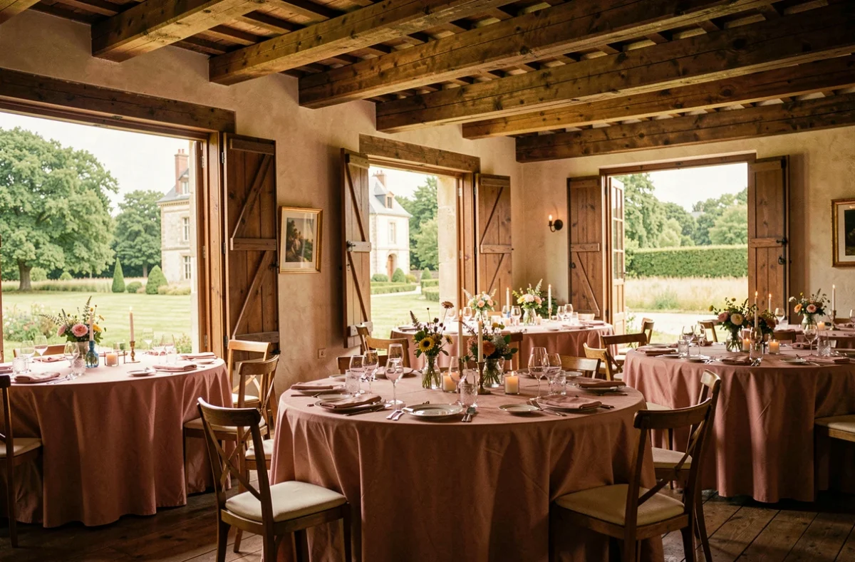 Salle de réception de mariage au Domaine de Mauvoisin avec tables rondes et décoration florale champêtre