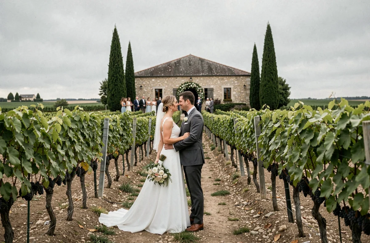 Couple de mariés posant dans les vignes du Domaine Nantais au cœur du vignoble de Loire-Atlantique avec chai en pierre en arrière-plan