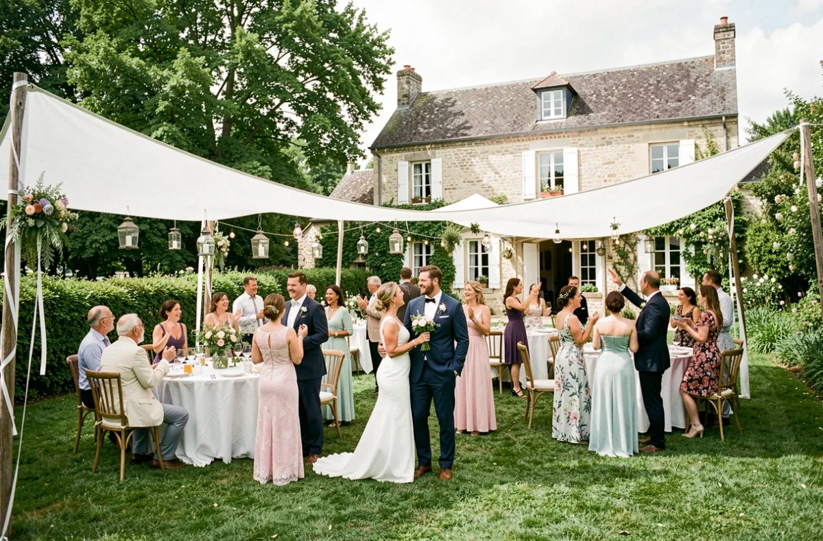 Réception de mariage en plein air au Domaine du Petit Plessis à Sainte-Luce-sur-Loire avec jardin verdoyant et maison en pierre