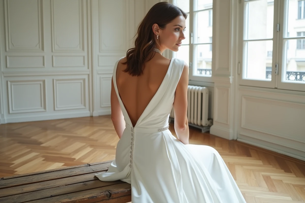 Dos de robe de mariée en crêpe avec rangée de boutons recouverts photographié dans un appartement parisien au parquet en chevrons