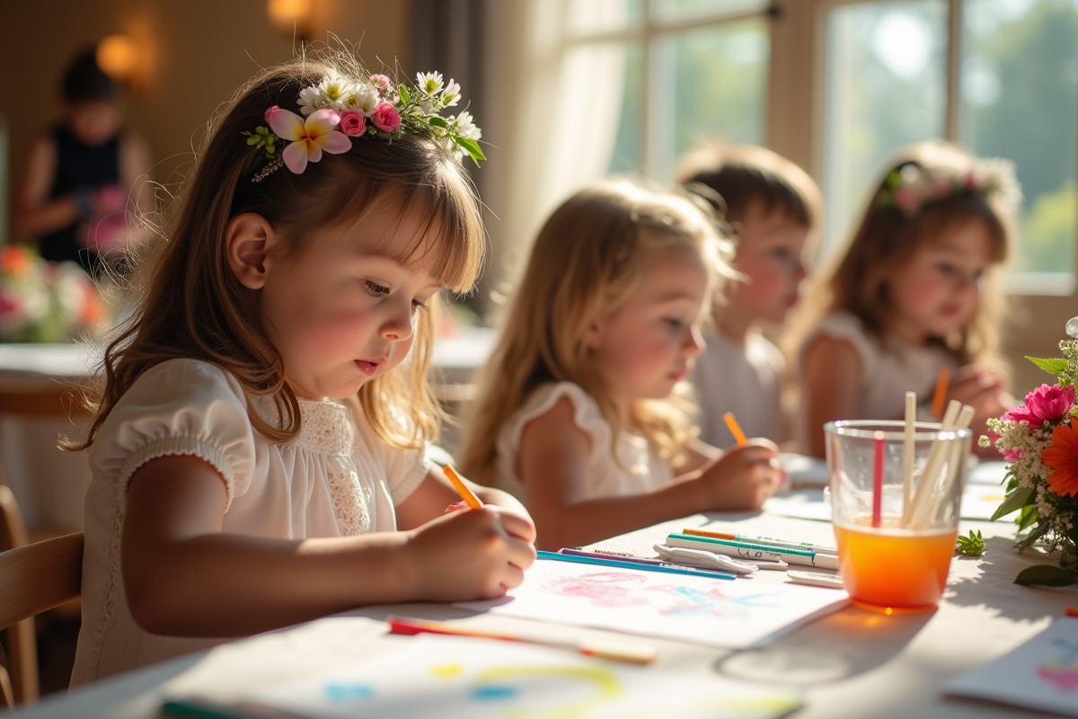 Enfants coloriant lors d’un mariage en salle