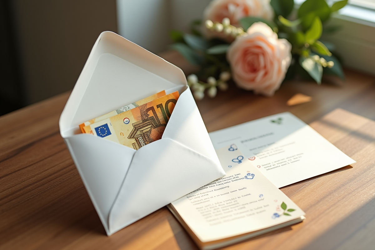 Enveloppe blanche ouverte avec billets et invitation de mariage