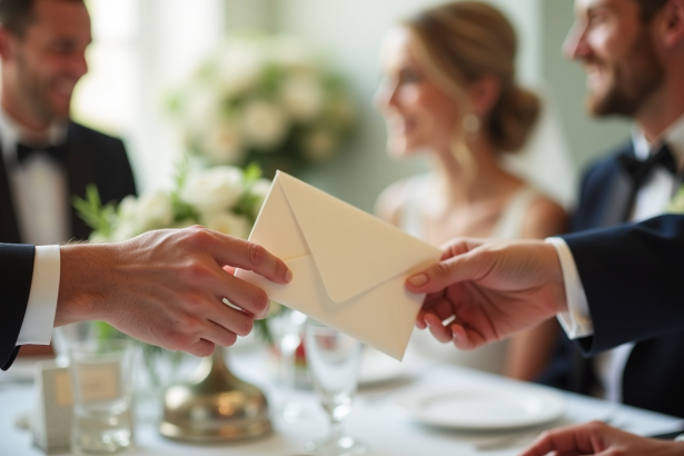 Enveloppe de mariage élégante remise à la mariée et au marié