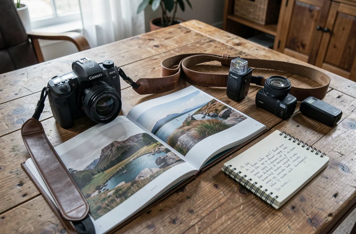 Équipement de photographe professionnel posé sur une table en bois avec portfolio imprimé à Annemasse