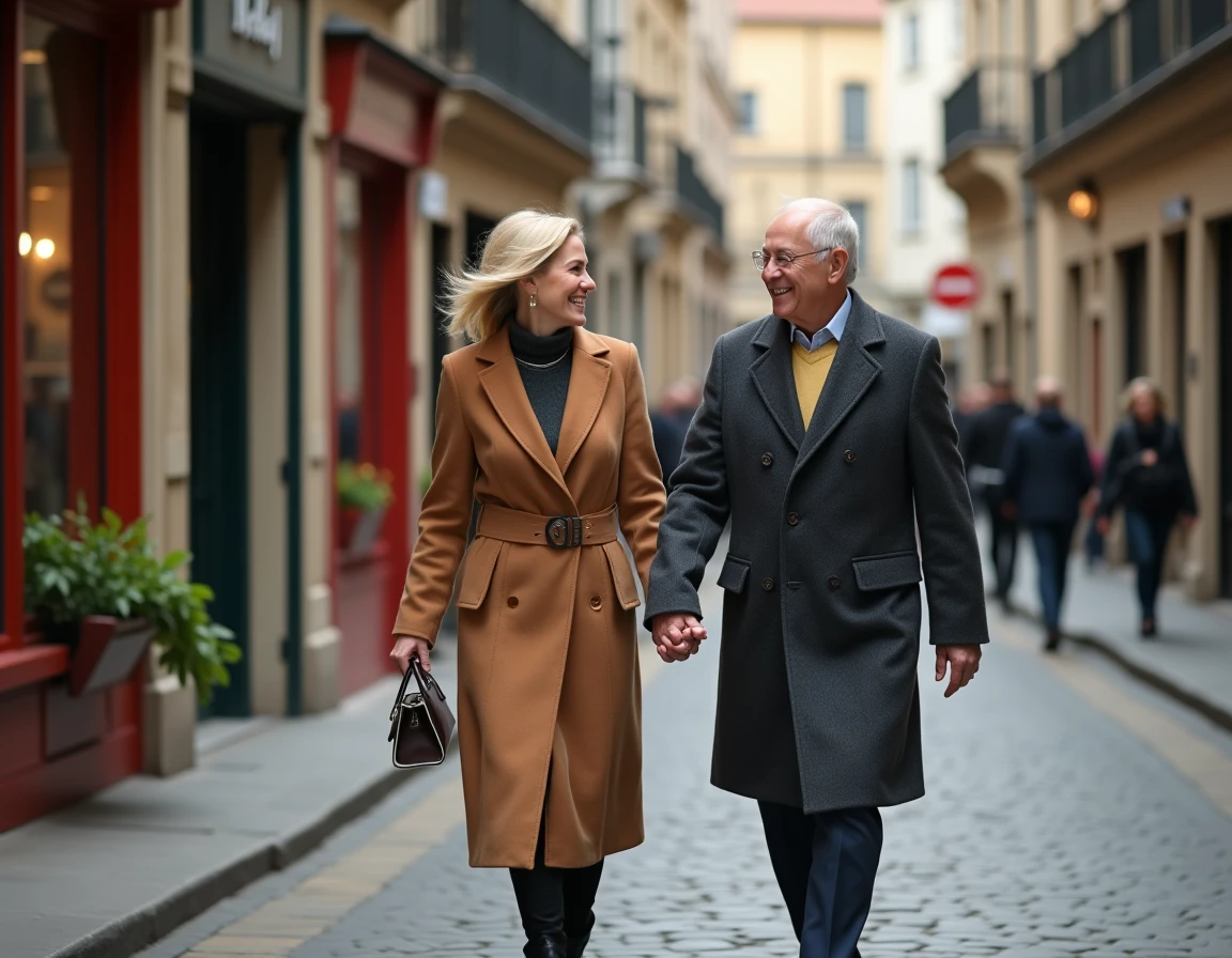 Couple célébrant leurs noces de rubis en promenade romantique dans une rue pavée d'une ville européenne
