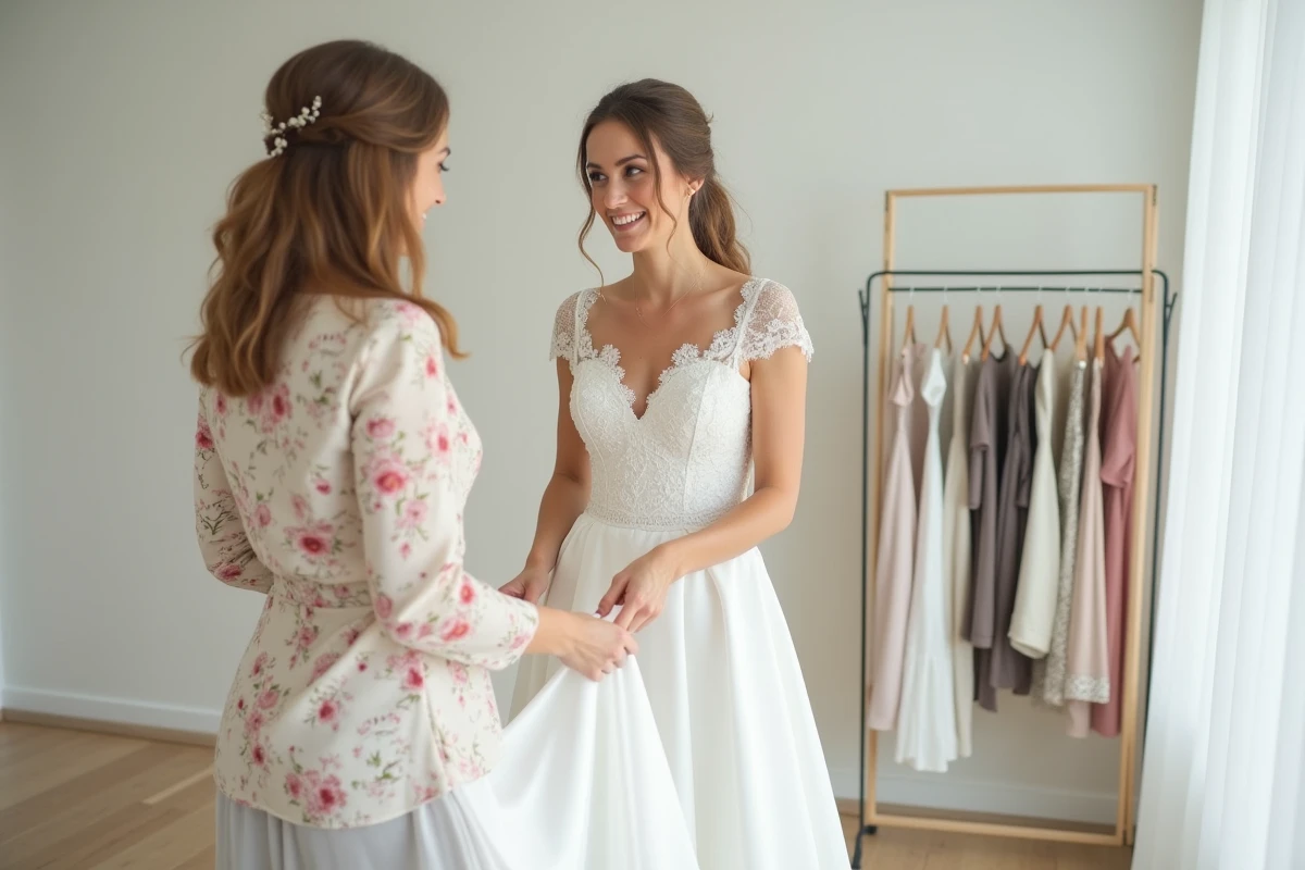 Deux femmes dans une cabine d'essayage examinant une robe de mariée élégante et abordable
