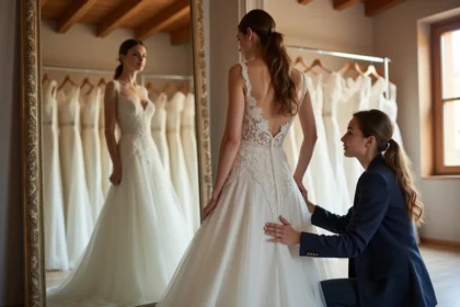Jeune femme essayant une robe de mariée en dentelle dans une boutique de location à Strasbourg avec une consultante