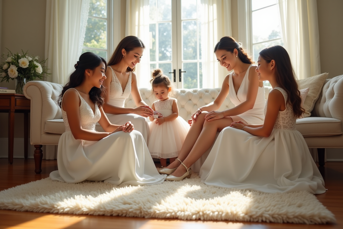Famille aidant la mariée à mettre ses chaussures dans le salon
