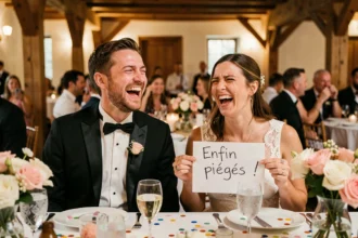 Couple de mariés riant aux éclats lors de la réception, tenant un panneau humoristique dans une salle de mariage rustique
