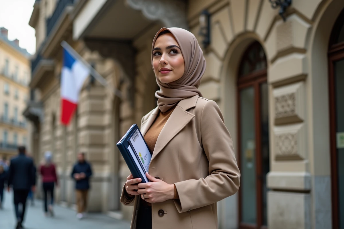 Jeune femme devant le consulat français en attente