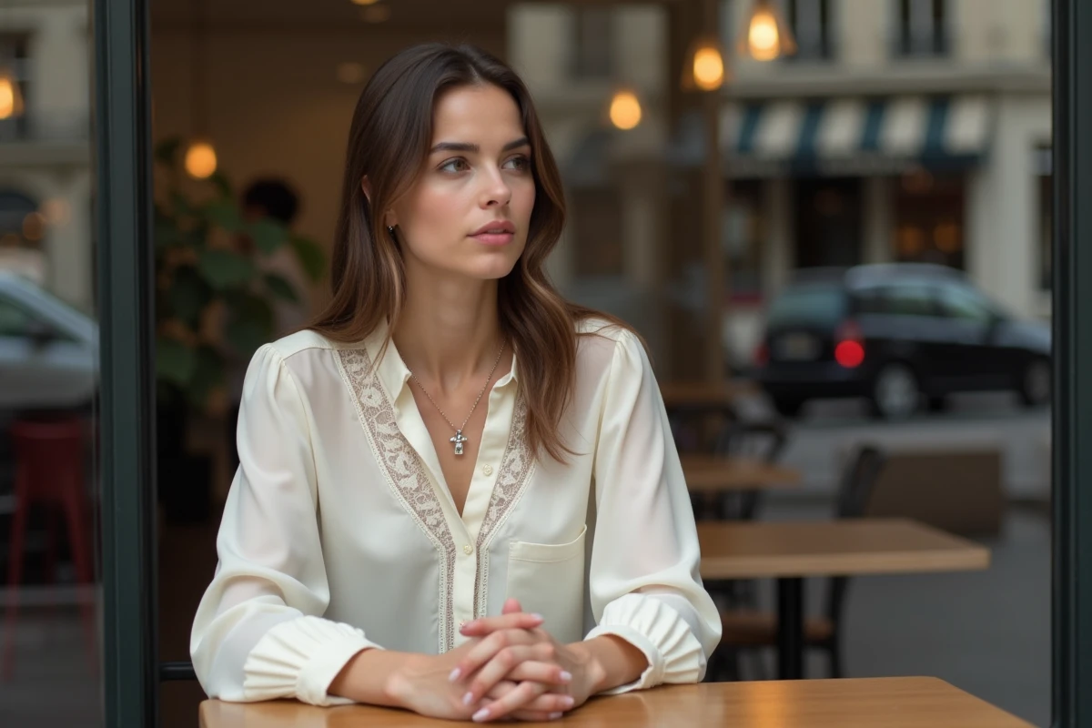Femme assise dans un café parisien avec reflet de la ville