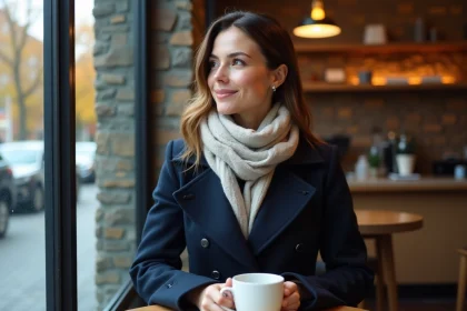 Femme assise au café avec tasse en porcelaine et regard pensif