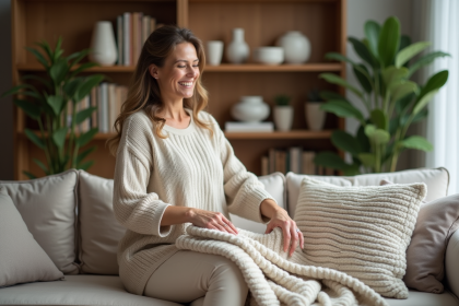 Femme souriante dans un salon cosy et décoré