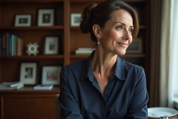 Femme d'âge moyen dans un bureau élégant contemplant par la fenêtre