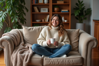 Femme souriante dans un salon chaleureux avec canapé et livres