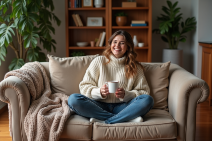 Femme souriante dans un salon chaleureux avec canapé et livres