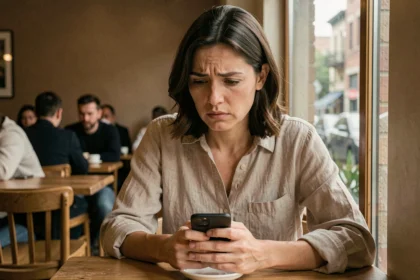 Femme seule dans un café regardant son téléphone avec une expression préoccupée, symbolisant les doutes dans une relation amoureuse complexe