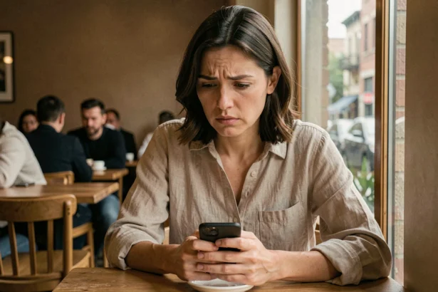 Femme seule dans un café regardant son téléphone avec une expression préoccupée, symbolisant les doutes dans une relation amoureuse complexe