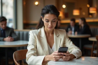 Femme élégante dans un café parisien consultant son téléphone avec curiosité, illustrant l'intérêt des internautes pour la vie de Samantha de Bendern